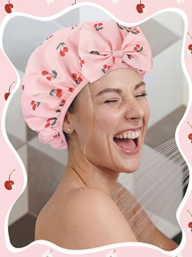 ramede Large Satin Lined Shower Cap for Women Reusable Waterproof Double Layer Bath Cap with Cherry Bow Large Washable Bath Caps with Soft Elastic Band Protect Long Hair Braids - style: Cherry Bow