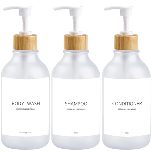 Frosted Plastic Shampoo and Conditioner Bottles, Apothecary Dispenser Bamboo Pump, Refillable Bottles for Shower Lotion, Oil, Hand Soap, Sanitizer, Liquid Soap, Set of 3 with 9 Labels (3, Matte Clear) - color: Matte Clear