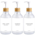 Frosted Plastic Shampoo and Conditioner Bottles, Apothecary Dispenser Bamboo Pump, Refillable Bottles for Shower Lotion, Oil, Hand Soap, Sanitizer, Liquid Soap, Set of 3 with 9 Labels (3, Matte Clear) - color: Matte Clear
