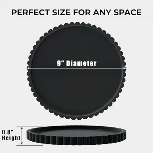 Round Silicone Vanity Tray Matte Black 9 Inch Scalloped Organizer | Decorative Tray for Bathroom Counter Perfume Candle Soap Holder Makeup Vanity Centerpiece Dresser Living Room Decor 9x9x0.8" - size: 9"