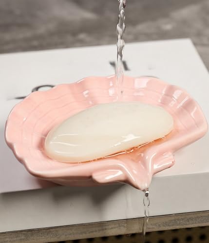 Ceramic Shell soap Box self draining European Design Sink Bathroom Shower soap Tray Anti-Slip soap Holder Multi-Functional Jewelry Stand Small and Cute, Pink