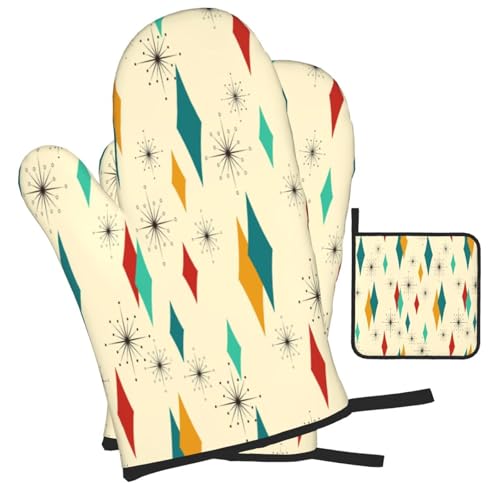 Mid Century Modern Oven Mitts and Pot Holders Set Heat Resistant Non Slip Set of 3 Retro Decor Kitchen Gloves Hot Pads for Cooking BBQ Baking Grilling - color: Mid Century