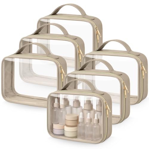 Abbylike 6 Pcs Clear Makeup Bags Bulk 7.9 x 5.9 x 2.4 Inches Quart Size Approved PU Leather Toiletry Bag with Handles Small PVC Clear Travel Cosmetic Case for Women Wedding Bridal Gifts(Kahaki) - color: Kahaki