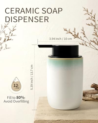 BosilunLife Hand Soap Dispenser - Foam Soap Dispenser Bathroom Ceramic Dish Liquid Soap Dispenser for Kitchen, Bathroom Countertop Soap Dispensers (White with Blue-Green Rim Foam Pump) - color: White With Blue-green Rim Foam Pump