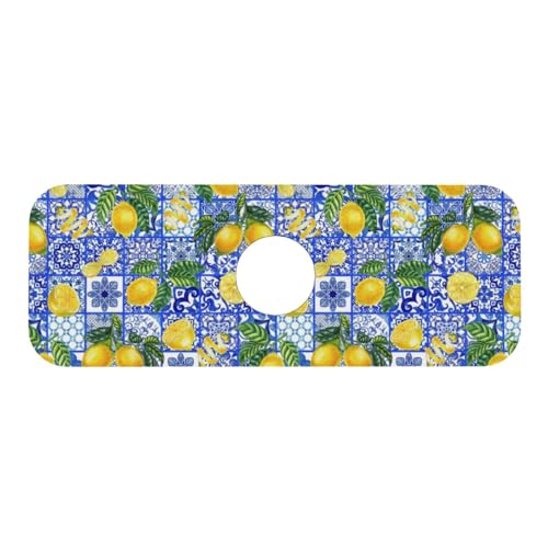 Lemon Mexican Tiles Italian Blue 15" X 5.5" Kitchen Sink Splash Guard Faucet Faucet Guard Draining Mat Sink Splash Guard Faucet Kitchen Bathroom - color: Lemon Mexican Tiles Italian Blue