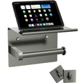 Tindbea Mega Size Toilet Paper Holder with Shelf + Towel Robe Hooks, Adhesive or Screw Wall Mounted Toilet Paper Roll Holder, Stainless Steel Bathroom Hardware Set (Polished Grey) - color: Polished Grey, size: Large