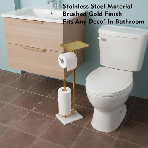 Gold Toilet Paper Holder with Shelf, Free Standing Toilet Paper Holder with Storage - Toilet Paper Stand for Holding Extra 3 Rolls, Tissue Holder for Bathroom (Gold with Marble Base) - color: Gold With Marble Base