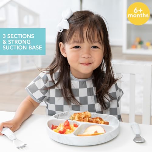 Bumkins Toddler and Baby Suction Plate, Divided Grip Dish for Babies and Kids, Baby Led Weaning, Feeding Supplies, Sticks to Tables and Highchairs, Platinum Silicone, for Chidren 6 Months, Marble - color: A4 Marble-GD