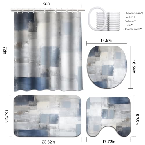 Lnond 4Pcs Bathroom Shower Curtain Sets with Rugs,Blue Grey Abstract Bathroom Sets with Shower Curtain and Rugs and Accessories - color: Blue Grey Abstract