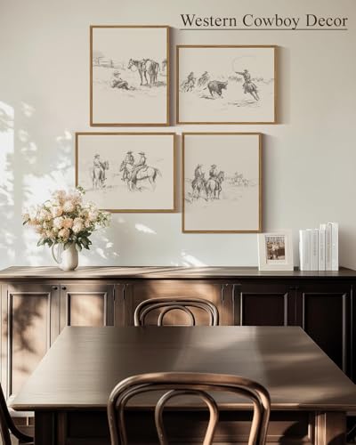 InSimSea 4 pcs Framed Wall Art, Vintage Sketch Western Cowboy Canvas Prints, Bathroom Bedroom Southwest Decor, Neutral Toned, Country Shelf Decor, Small Size,11x14in - color: Western Cowboy Sketch