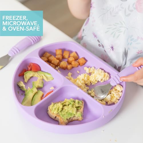 Bumkins Toddler and Baby Suction Plate, Silicone Divided Grip Dish, Babies and Kids, Baby Led Weaning, Children Feeding Supplies, Non Skid Sticky Bottom, Platinum Silicone, Ages 6 Months Up, Lavender - color: D4 Lavender-GD
