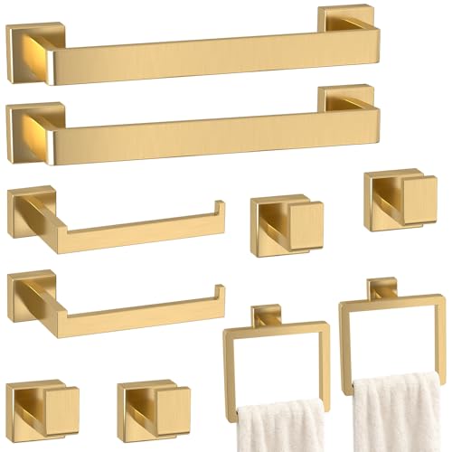 Bathroom Accessory Towel Bar Set: 10 Pieces Gold Bathroom Hardware Square SUS304 Stainless Steel - Wall Mounted Towel Rack&Toilet Paper Holder&Towel Ring and Towel Hook - color: Gold, size: 16inch 10 Pieces