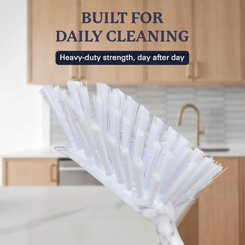 Farberware Dish Brush with Handle, 2 Pack, Firm Bristles | Kitchen scrub brush and dish scrubber removes grease, reaches pot and pan edges, 10in, rectangle head, scraper tip - color: White Marble Rectangular