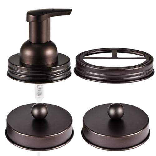 Mason Jar Bathroom Accessories Set(4pcs)-Jars Not Included - Foaming Soap Dispenser and Apothecary Jars Lids for Regular Mouth jar, Wide Mouth Toothbrush Holder lid, Farmhouse Decor-Bronze - color: Bronze, size: 1 Wide Mouth, 3 Regular Mouth