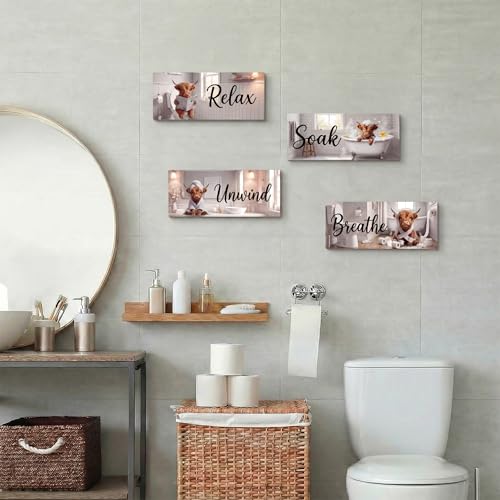 4Pcs Highland Cow Wooden Bathroom Wall Decor Funny Farmhouse Bathroom Decor Set Relax Soak Unwind Breathe Bathroom Wall Art Rustic Cute Animal Wooden Signs for Guest Bath Restroom & Powder Room - style: Highland Cow