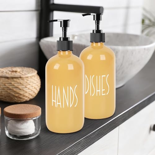 Glass Soap Dispenser with Plastic Pump for Kitchen - 16 OZ Glass Hand Soap Dispenser Set - Kitchen Bathroom Decor and Accessories (Yellow) - color: Yellow