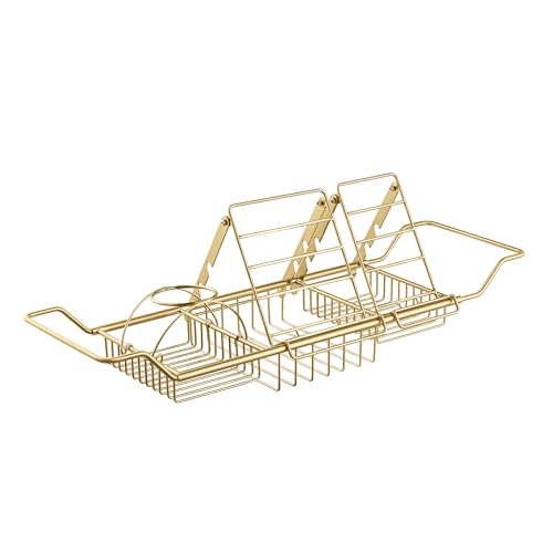 Woodbridge Stainless Steel Extendable Bathtub Caddy Tray in Brushed Gold Finish with Removable Wine Holder, Book and Phone Rack, Bathcad-BG - color: Brushed Gold