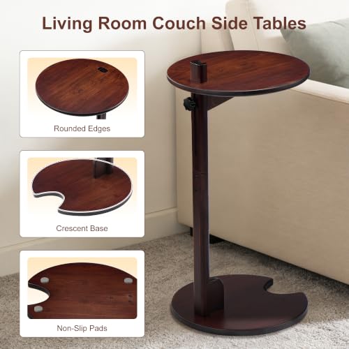 18–26" Height Adjustable Bamboo C-Shaped Side End Table for Sofa | Slides Under Couch; Round Solid Bamboo Top; Works as Laptop Desk & TV Tray; Space-Saving for Small Living Rooms and Bedrooms - color: Chestnut