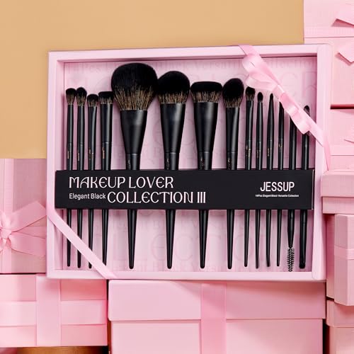 Jessup Makeup Brushes Set Jessup Make up Brushes 14Pcs Black Kabuki Foundation Eyeshadow Contour Concealer Powder Eyeliner Crease Eyebrow Blending Brush with Gift Box, T336-G - color: I-Black Gift, size: Full Brush Set