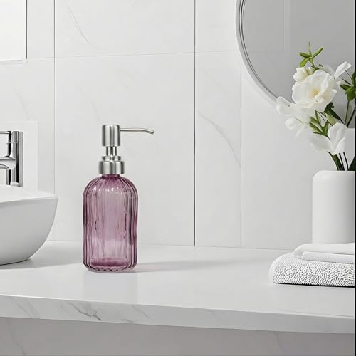 14Oz Purple Soap Dispenser Bathroom, Clear Glass Hand Soap Dispensers with Stainless Steel Pump, Refillable Dish Soap Dispenser for Kitchen, Countertop Soap Dispensers - color: Purple