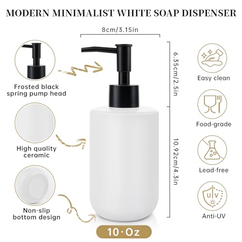 Soap Dispenser with Matte Black Pump, Ceramic Soap Dispenser Bathroom, Minimalist Modern Design Dish Soap Lotion Dispenser for Kitchen Sink, White Refillable Liquid Lotion Hand Soap Bottle - color: Pure White