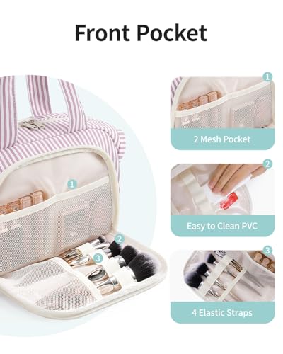 Narwey Travel Toiletry Bag for Women, Wide Open Large Makeup Bag, Cosmetic Bag Make Up Organizer with Handle, Wet Pocket for Towel, Travel Bag for Toiletries, Brushes, Essentials (Dusty Pink Stripe) - color: Y-Dusty Pink Stripe
