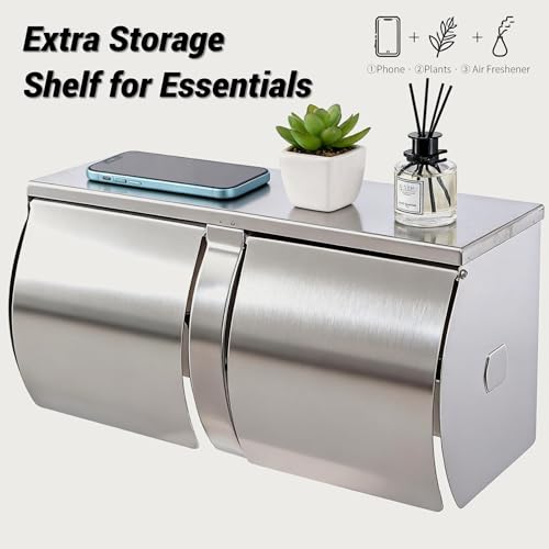 Double Roll Toilet Paper Holder Commercial Toilet Paper Dispenser | Brushed Stainless Steel, Side-By-Side 2-Roll Holder with Shelf Wall Mount, Fits Standard Toilet Rolls Up to 4.72 in Diameter