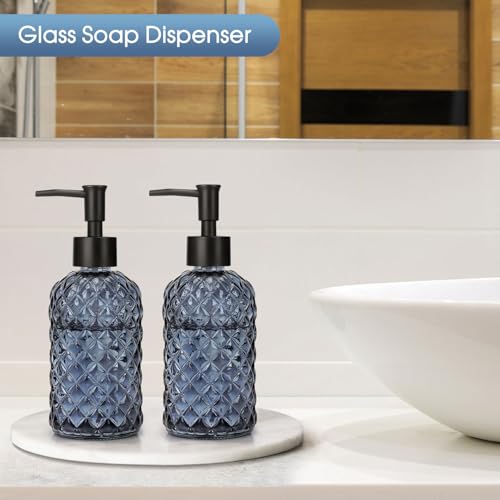 2 Pack Gem Glass Soap Dispenser with Black Plastic Pump, 13oz Liquid Hand Soap Dispenser, Rustproof Pump for Kitchen & Bathroom, Great for Lotions, Essential Oil, Liquid Soaps-Grayish Blue - color: Gem-grayish Blue, size: Plastic Pump
