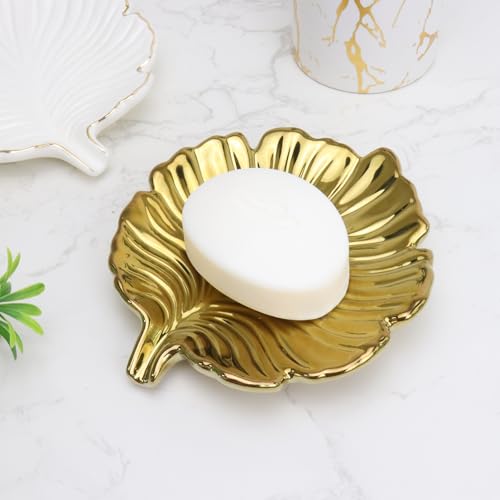 Gold Leaf Bathroom Soap Dish,Ceramic Soap Dish Holder in Palm Leaf Style,Self Draining Design and Used to Hold Various Small Bathroom and Kitchen Accessories - color: Gold