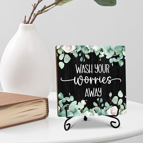 5" Laundry Room Decor, Wash Your Worries Away Sign, Sage Green Bathroom, Black Bathroom Guest Bathroom Decoration, Funny Toilet Bathroom Plaque Sign Table Shelf Decor-A03 - color: Wash Your Worries-03