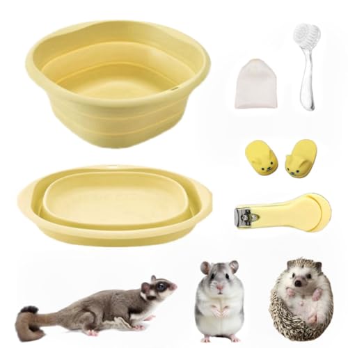 5 Pcs Hedgehog Supplies Hedgehog Bath Kit Include Foldable Bathtub 1 Cleaning Brush 1 Bath Foaming Net 1 Nail Clipper Trimmer A Pair of Slippers Guinea Pig Bathtub Yellow