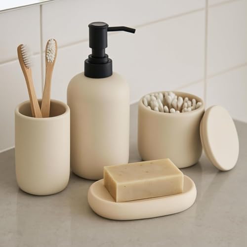 Ceramic Bathroom Accessories Set 4 Pcs – Modern Scandinavian Neutral Bathroom Soap Dispenser Set with Toothbrush Holder, Soap Dish & Cup – Minimalist Bathroom Accessory Set Decor - Cream/Light Beige - color: Cream