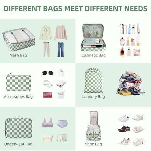 BAGAIL 8 Set Packing Cubes Luggage Packing Organizers for Travel Accessories-Matcha checkered - color: Matcha checkered, size: 8 Set