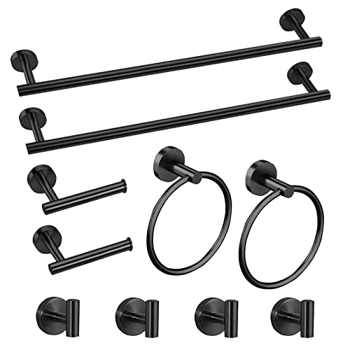 Cilee 10 Piece Matte Black Bathroom Accessories Set, 24inch Black Towel Bar Ring+Toilet Paper Holder+ Robe Towel Hook SUS304 Stainless Steel Bathroon Hardware Set - color: Black, size: 24inch