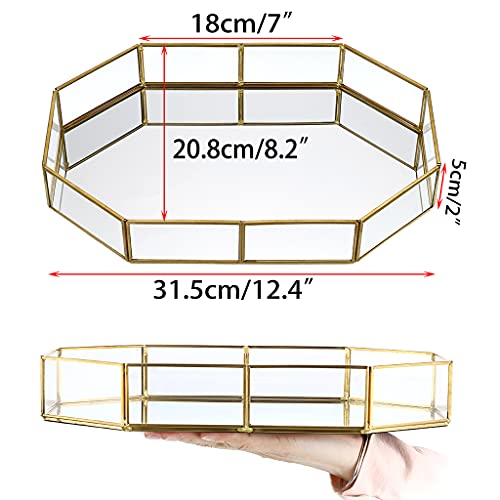 Hipiwe Gold Perfume Tray - Glass Mirror Makeup Tray Ornate Vanity Tray Dresser Tray Jewelry Trinket Organizer Tray for Bathroom Storage Tray for Home Decor,12.4"x 8.5" - size: 12.4" x 8.2" x 2"