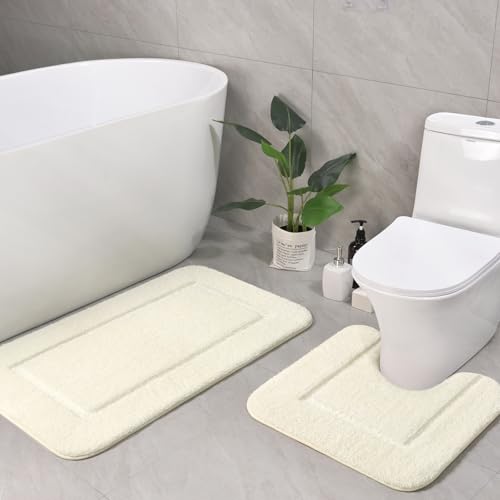 LOCHAS Bathroom Rug Set Cream White, Soft Bath Rug Set 2 Piece Set, Toilet Mat U-Shaped 20x20 and 34x20 Bath Rugs, Quickly Dry Mats for Bathroom, Tub, Washable, Super Absorbent Floor Mat - color: Cream White, size: 34" x 20" Plus 20" x 20" (U-Shape)