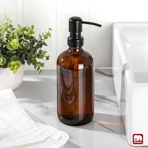 GMISUN Amber Glass Soap Dispenser, 1 Pack Dish Soap Dispensers for Kitchen with Rustproof Stainless Steel Pump, 17 Fl Oz Bathroom Hand Soap Dispenser, Brown Liquid Dishwashing Dispensers Bottle - color: Amber Bottle + Black Pump, size: 1 Pack