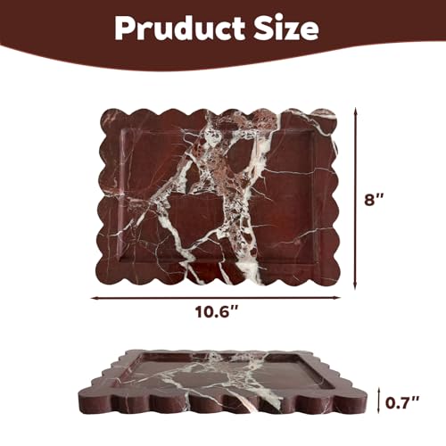 Real Natural Red Marble Tray, Luxury Scalloped Marble Tray, Decorative Rectangle Marble Tray for Vanity Bathroom Kitchen Coffee Table Jewelry Perfume Home Decor - color: Rosso Lepanto