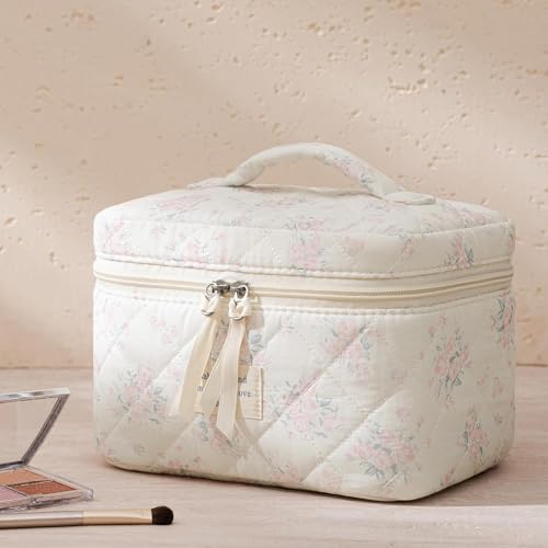 HBselect Quilted Makeup Bag, 3PCS Cotton Large Travel Makeup Bag, Cute Floral Coquette Make up Bag Cosmetic Bag Toiletry Bag for Women Girls - color: A-3PCS-Floral 34