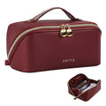 Prite Makeup Bag for Women Travel Waterproof Vegan Leather Cosmetic Bag Open Flat Toiletry Bag With Clear Divider and Handle (Dark Red, Medium) - color: Dark Red, size: Medium