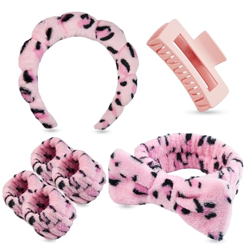 7 Pcs Spa Set, Facial Headband and Wristband Set, Skincare Accessories, College Style Girl Idea Gifts, Hair Accessories for Women and Girls（Leopard Print Pink） - color: Leopard Print Pink