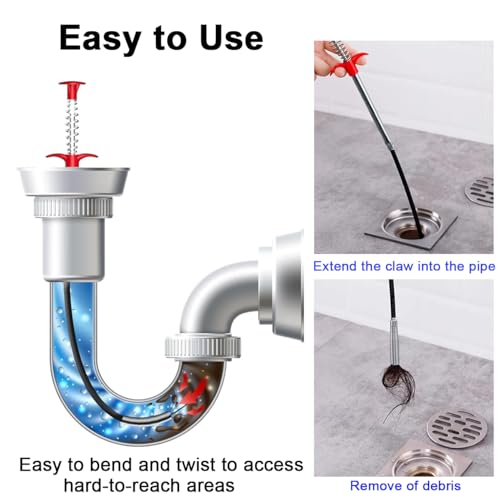 Flexible Claw Grabber Pick up Reacher Tool, Drain Snake Hair Drain Clog Remover Tool Toilet Snakes for Unclogging, Bendable Hose Pickup Reaching Assist for Litter Pick, Home Sink, Toilet (23 Inch)