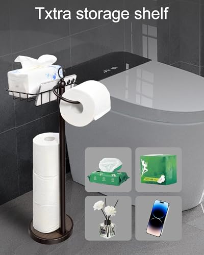Toilet Paper Holder Free Standing with Basket for Phone & Wet Wipes, Stainless Steel 23" H with Storage, Stable Weighted Base & Rustproof for Bathroom (Rich Bronze) - color: Rich Bronze