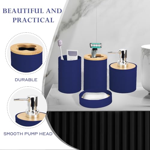 4 Pieces Bamboo Bathroom Accessories Set, Bathroom Accessory Set with Soap Dispenser and Toothbrush Holder, Soap Dish and Toothbrush Cup, Boho Bathroom Décor(Navy Blue) - color: Navyblue