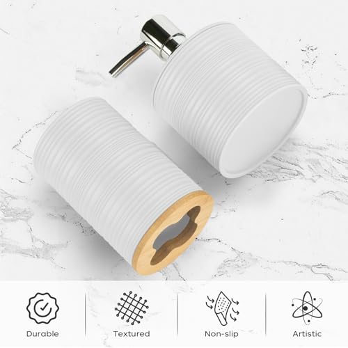 2 PCS White Bathroom Accessories Set, Soap Dispenser and Toothbrush Holder Set, Plastics & Bamboo Bathroom Set, Bohemian Style Bathroom Sink Set - color: White, size: 2 PCS