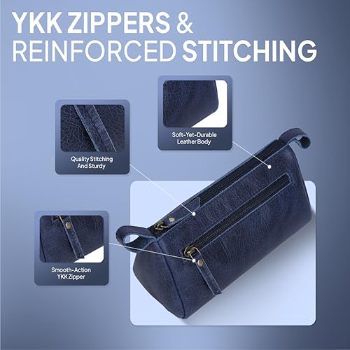 Leather Makeup Bag for Women – Genuine Leather Cosmetic Bag Travel, Handmade Zippered Makeup Pouch, Small Toiletry Bag, Shaving Kit & Stationery Organizer- Blue - color: Blue