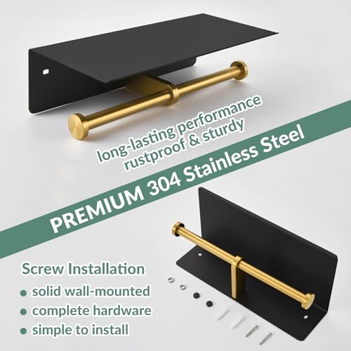 APLusee Double Toilet Paper Holder with Phone Shelf Black & Gold, 304 Stainless Steel Tissue Paper Roll Storage Dispenser, Wall Mounted - color: Black Gold, size: Double Rod