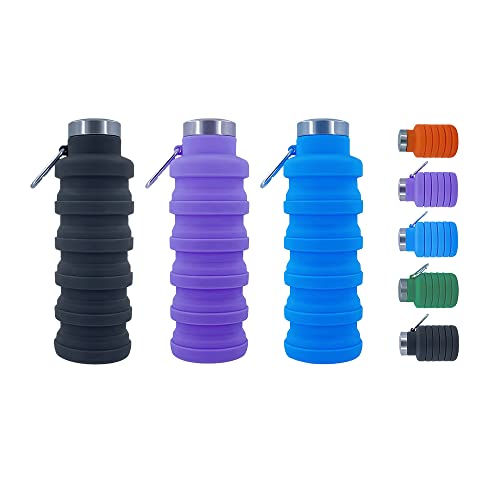 Collapsible Water Bottles，3 pack BPA Free Travel Silicone Water Bottle with Carabiner，17oz Reusable Foldable Lightweight Portable Sports Water Bottle for Travel Gym Camping Hiking - color: Black + Blue + Purple