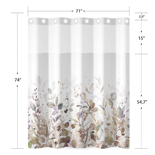 No Hook Shower Curtain with Snap in Liner Set, Neutral Watercolor Botanical Eucalyptus Foliage Print Shower Curtains for Farmhouse Boho Bathroom, Mesh Top Waterproof Bath Curtain, 71x74 Inch - color: Botanical-3