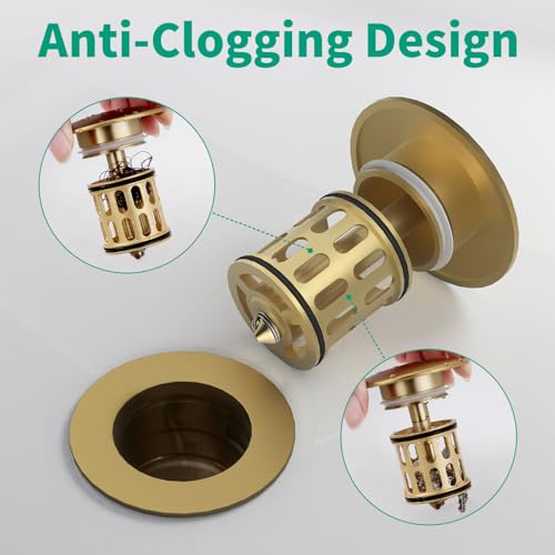 Bathroom Pop up Drain with Overflow, Anti-Clogging Vessel Sink Drain Strainer, Pop Up Drain with Detachable Basket, Hair Catcher Bathroom Sink Drain Stopper (Brushed Gold, with Overflow) - color: Brushed Gold, size: With Overflow